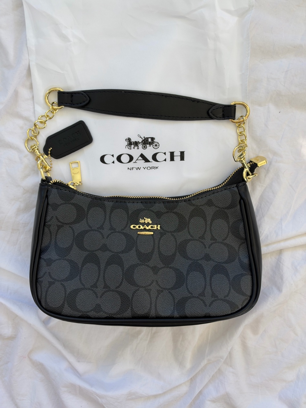 Coach Teri Shoulder Bag Blac Signature Canvas Wristlet with Gold Hardware